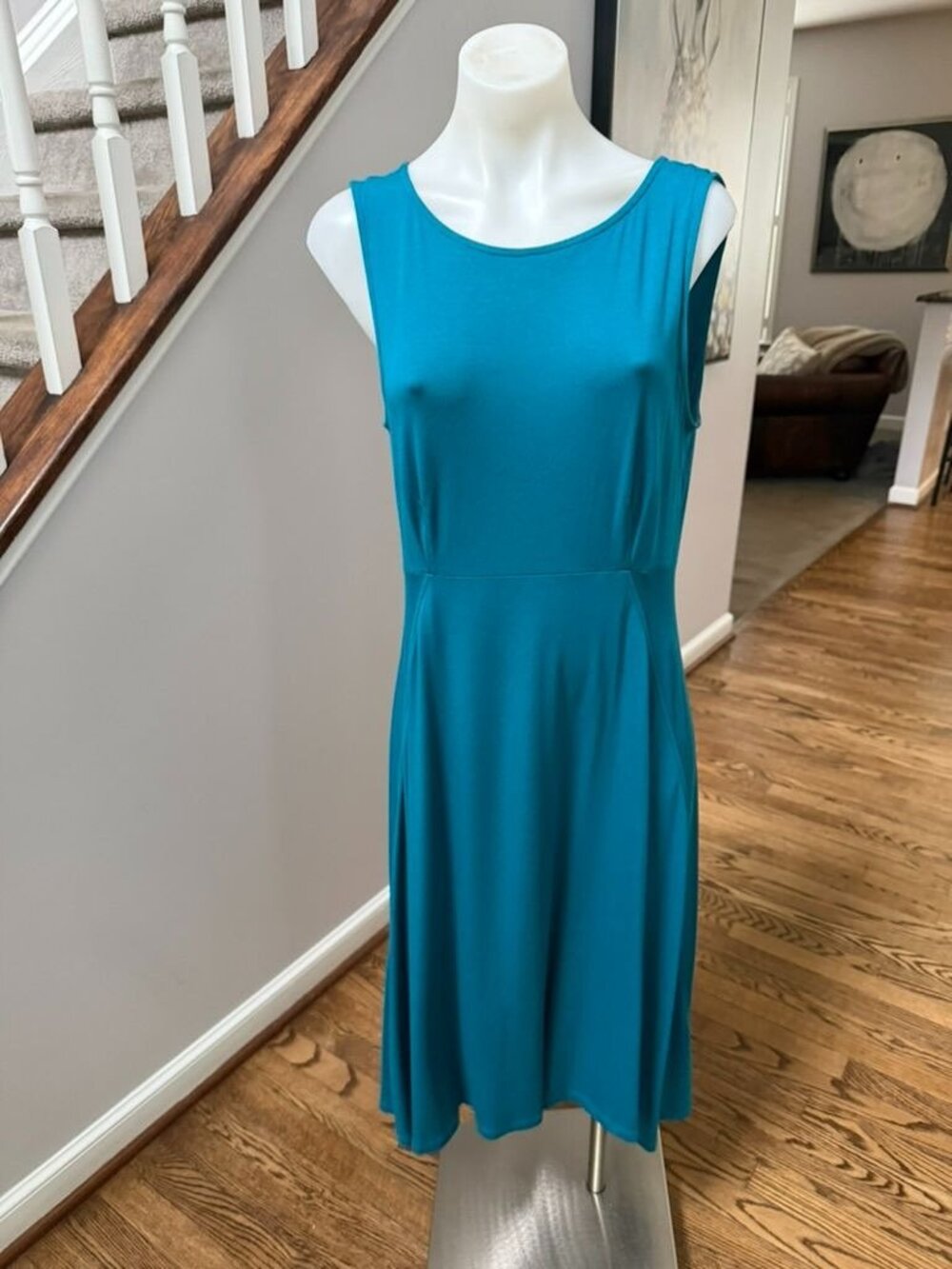 EILEEN FISHER Dress Viscose Stretch Jersey Midi Sleeveless V-Back Blue Small